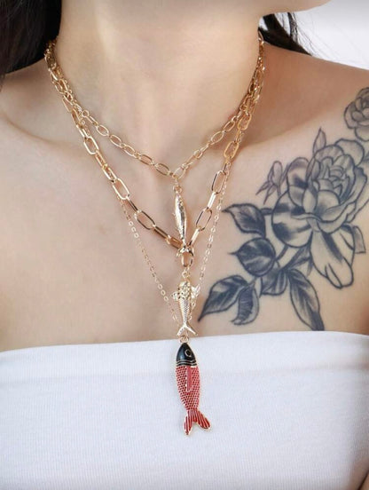 3 PCS VINTAGE FISH PENDANT GOLD NECKLACES