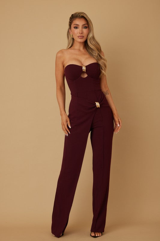 DRAPED STRAPLESS JUMPSUIT WITH GOLD