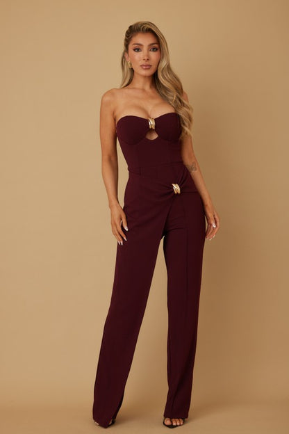 DRAPED STRAPLESS JUMPSUIT WITH GOLD