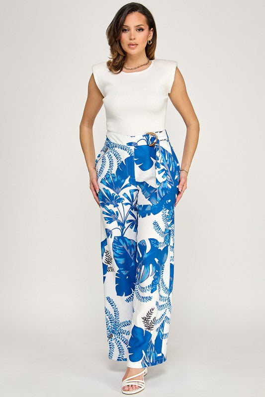 PRINTED PANTS WITH WAIST BUCKLE