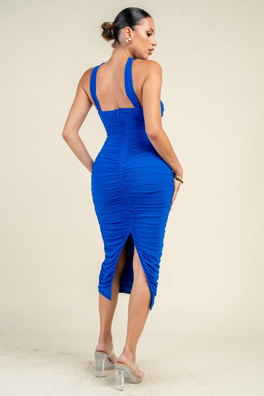 HALTER NECK TRIM INSET RUCHED BODYCON MINI DRESS