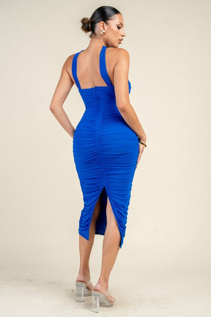 HALTER NECK TRIM INSET RUCHED BODYCON MINI DRESS