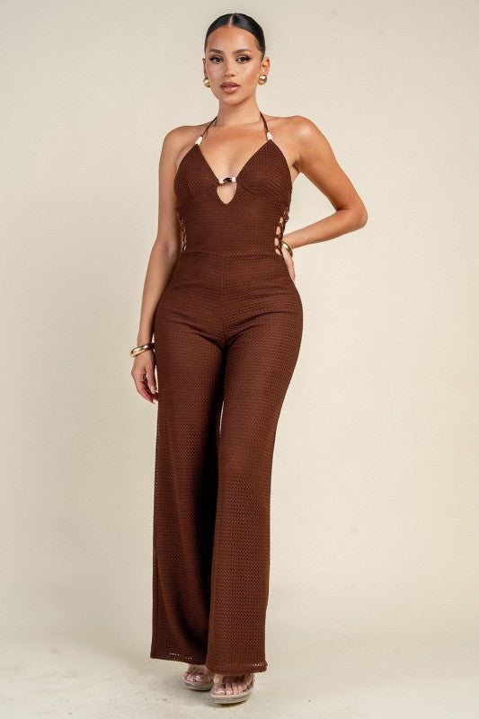 PATTERN KNIT WAIST LACE-UP JUMPSUIT