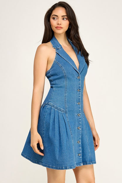 DENIM BUTTON DOWN MINI DENIM DRESS