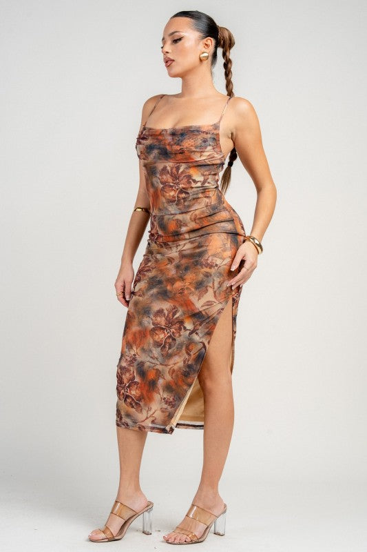 COWL NECK W SIDE LEG SLIT MIDI DRESS