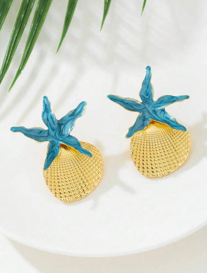 BLUE DROPLET STARFISH & SHELL SUMMER EARRINGS