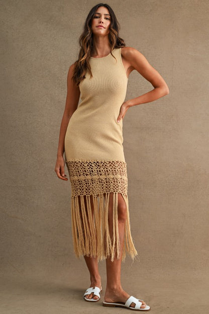 CROCHET FRINGE HEM KNIT MIDI DRESS
