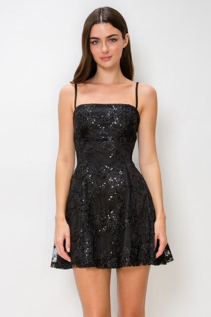 FLORAL EMBROIDERY SEQUIN A-LINE MINI DRESS