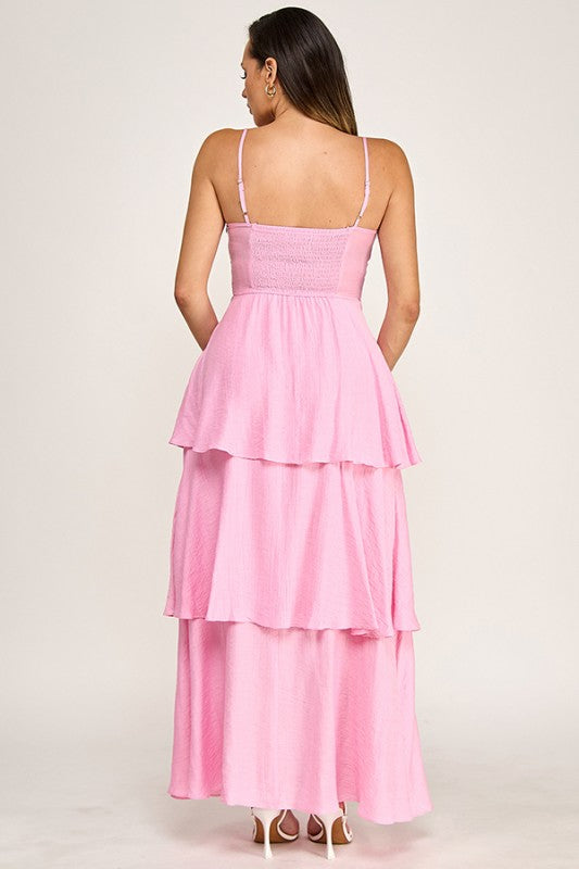 ADJUSTABLE STRAP TIERED MAXI DRESS W GOLD METAL TRIM