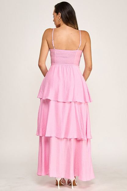 ADJUSTABLE STRAP TIERED MAXI DRESS W GOLD METAL TRIM