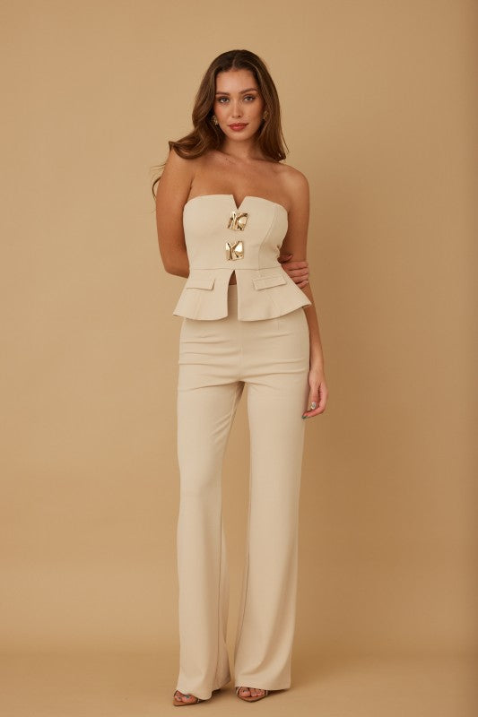 SCRUNCHED GOLDEN STONE STRAPLESS TOP AND PANTS SET
