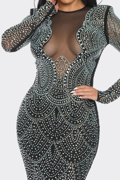 RHINESTONE EMBELLISHED LONG SLEEVE MAXI Cocktail DRESS