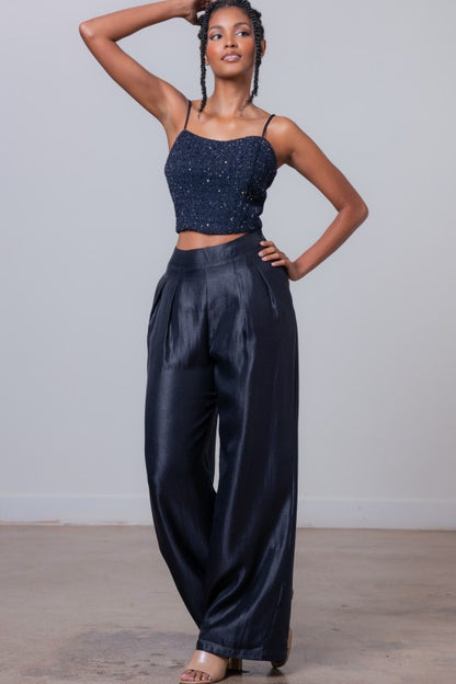 TWEEDED SLEEVELESS CROP TOP  & PANTS SETS