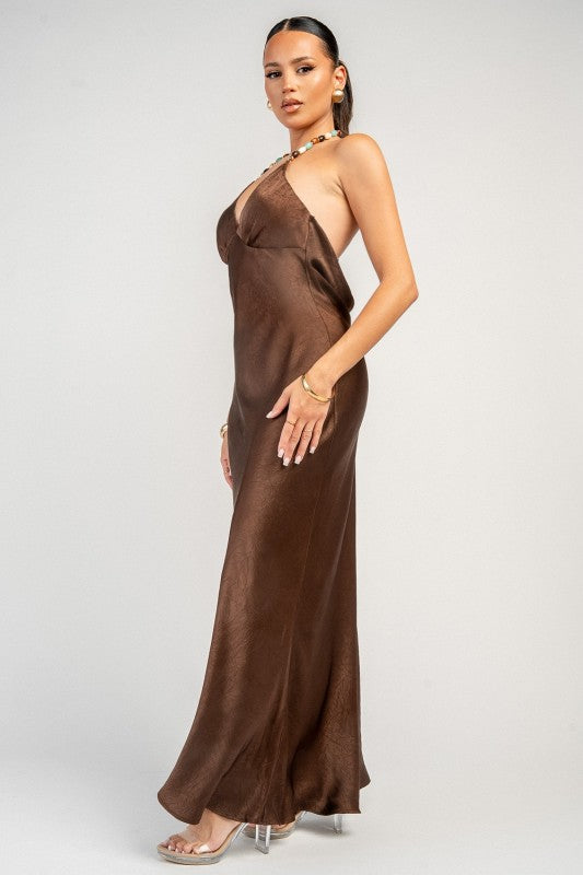 TEXTURED SATIN WITH COLOR STONE TRIM MAXI DRESS
