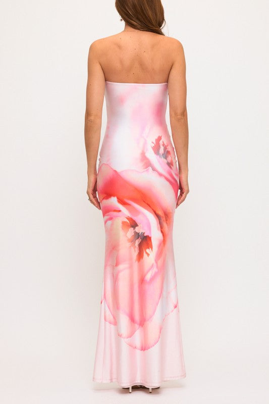 FLORAL TUBE NECKLINE MERMAID MAXI PRINTED DRESS