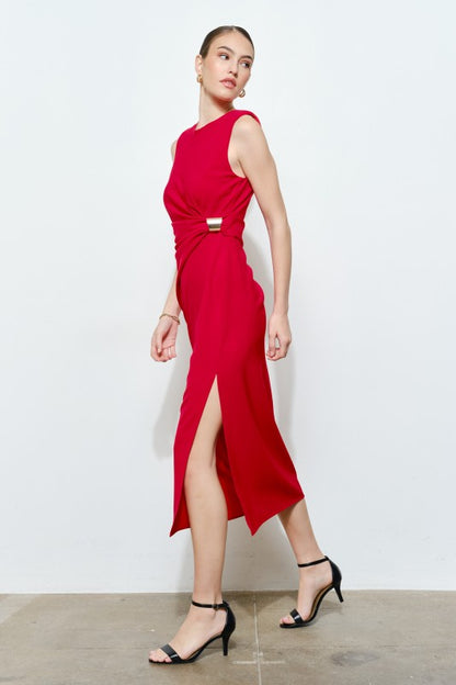 SLEEVELESS DRAPED GOLD ACCENT MIDI DRESS