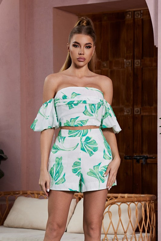 PRINTED CROP TOP SHORT SET