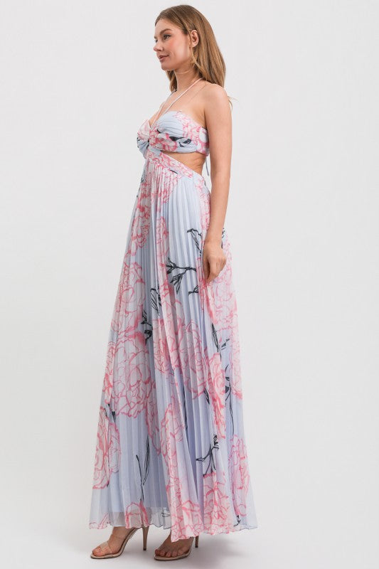 HALTER NECK OPEN BACK PLEATED MAXI DRESS