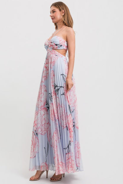 HALTER NECK OPEN BACK PLEATED MAXI DRESS