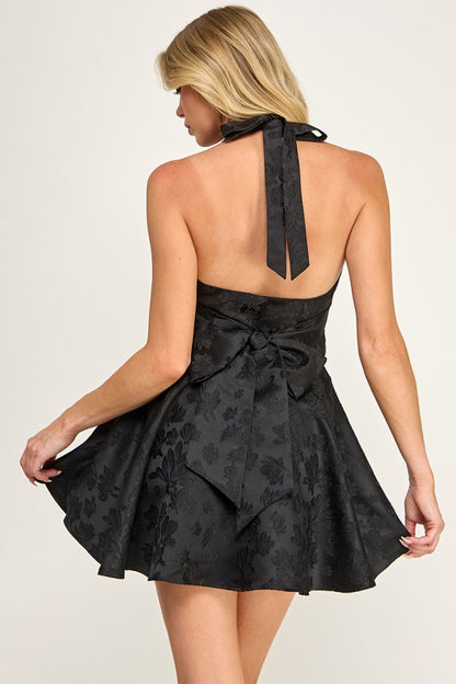 JACQUARD HALTER NECK MINI PARTY DRESS