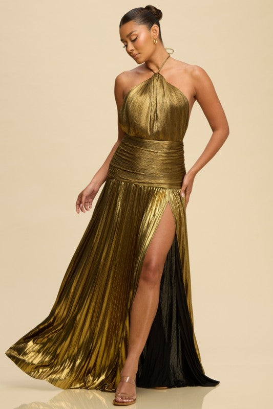 PLEATED METALLIC HALTER MAXI PART DRESS
