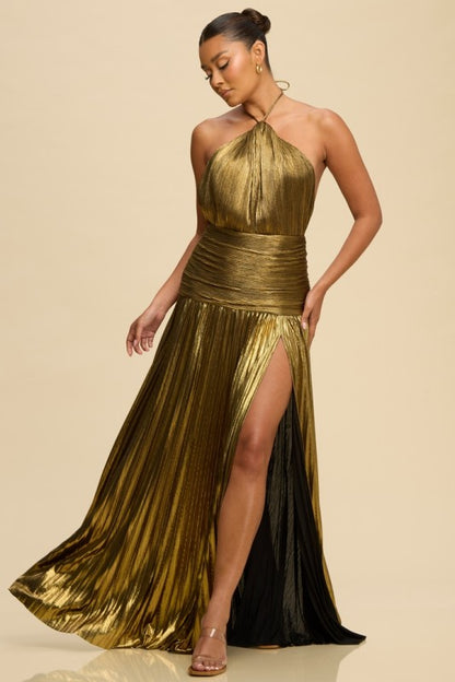 PLEATED METALLIC HALTER MAXI PART DRESS