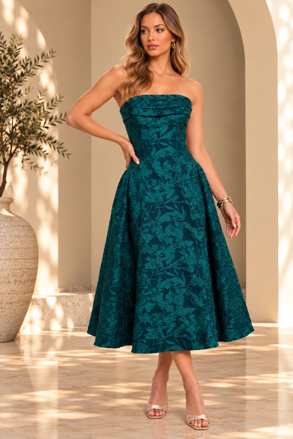 TEXTURED PUFF MIDI PARTY DRESS