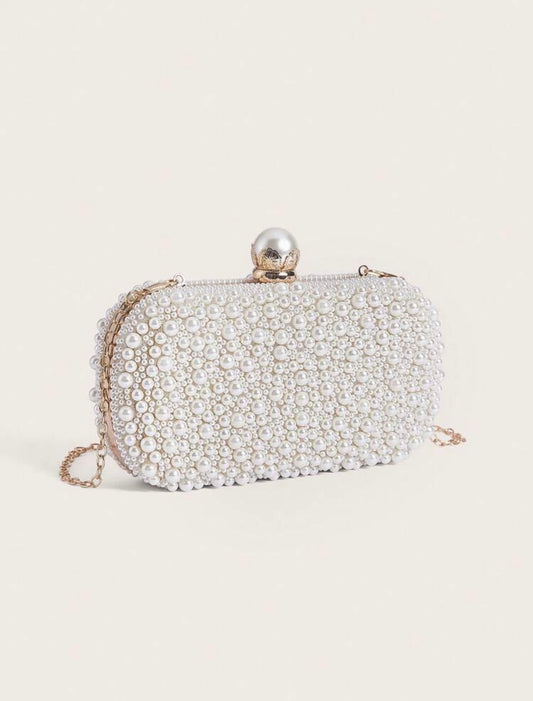 FAUX PEARL BEADED EVENING CLUTCH BAG
