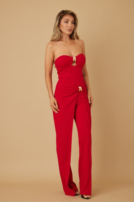 DRAPED STRAPLESS JUMPSUIT WITH GOLD