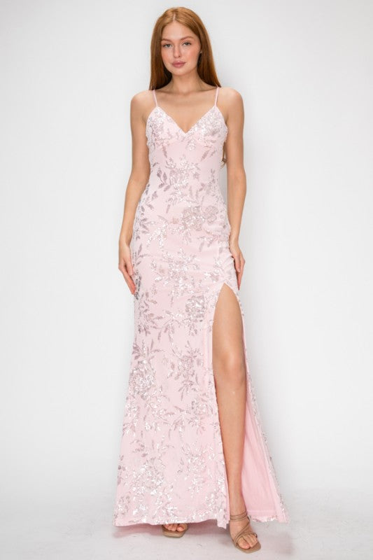 FLORAL SEQUIN MERMAID MAXI COCKTAIL DRESS