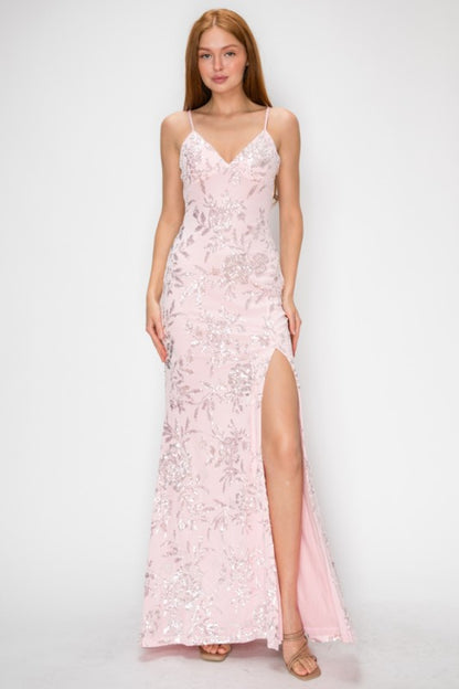 FLORAL SEQUIN MERMAID MAXI COCKTAIL DRESS