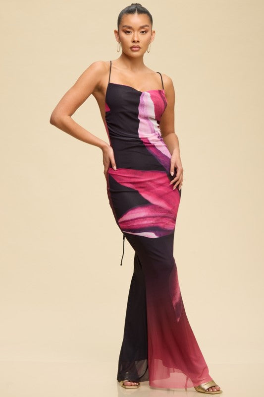 PRINTED MESH MAXI LACE UP SUMMER DRESS