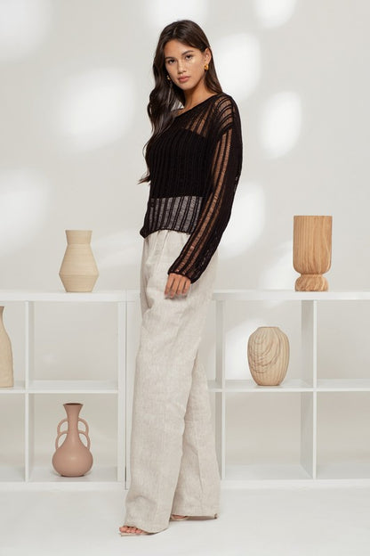 SHEER CROCHET LADDER KNIT PULLOVER SWEATER