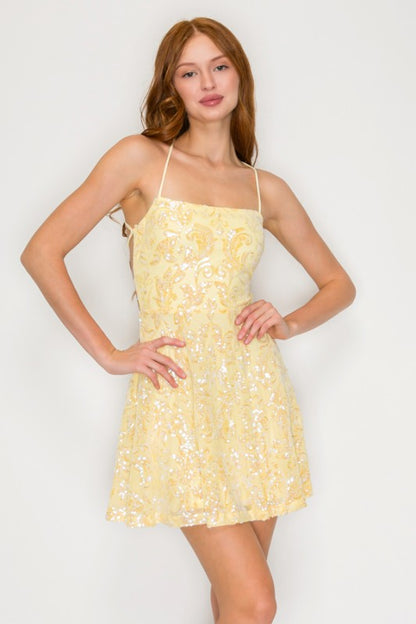 SEQUIN EMBELLISHED FLARED CROSSED BACK MINI COCKTAIL DRRSS