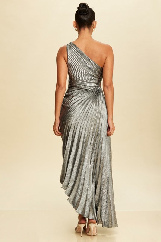 METALLIC PLEATED ONE SHOULDER DRESS