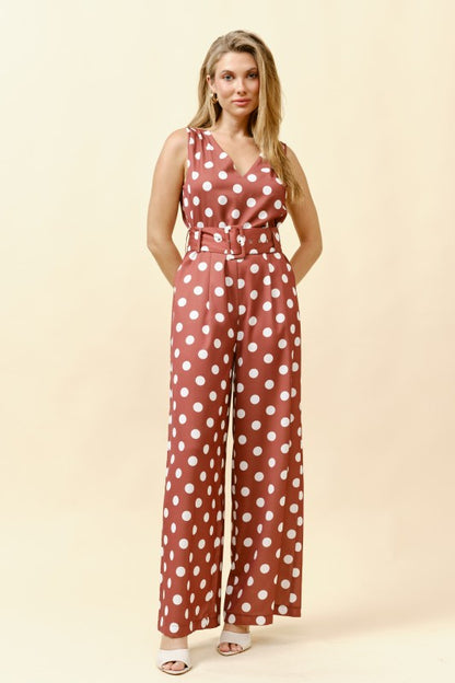 SLEEVELESS POLKA DOT BELTED WIDE LEG JUMPSUIT