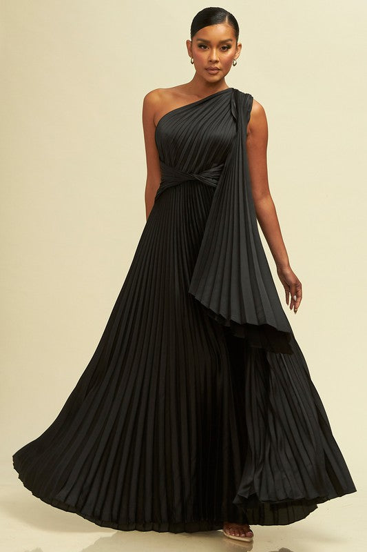 ONE SHOULDER PLEATED MAXI DRESS