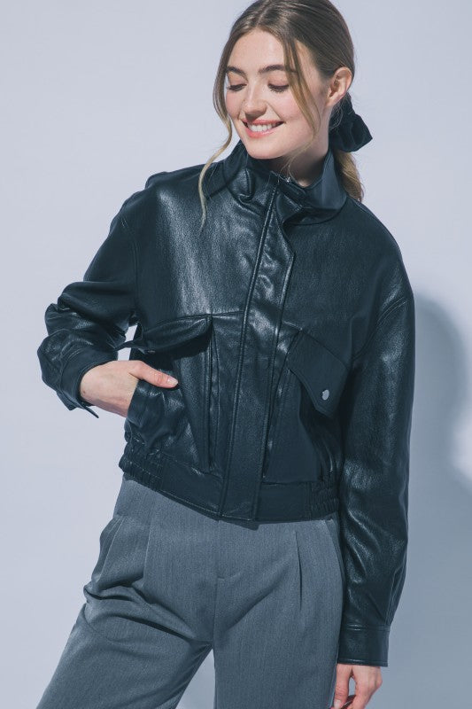 FAUX LEAHER BOMBER JACKET