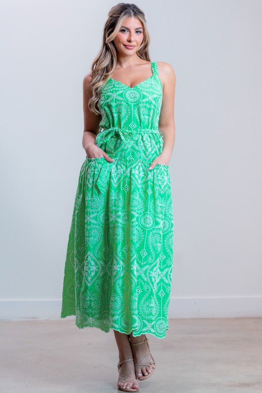 BELTED EMBROIDERED MIDI DRESS