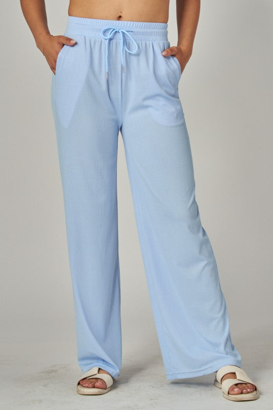 STRETCHY RIBBED DRAWSTRING POCKET WIDE LEG PANTS