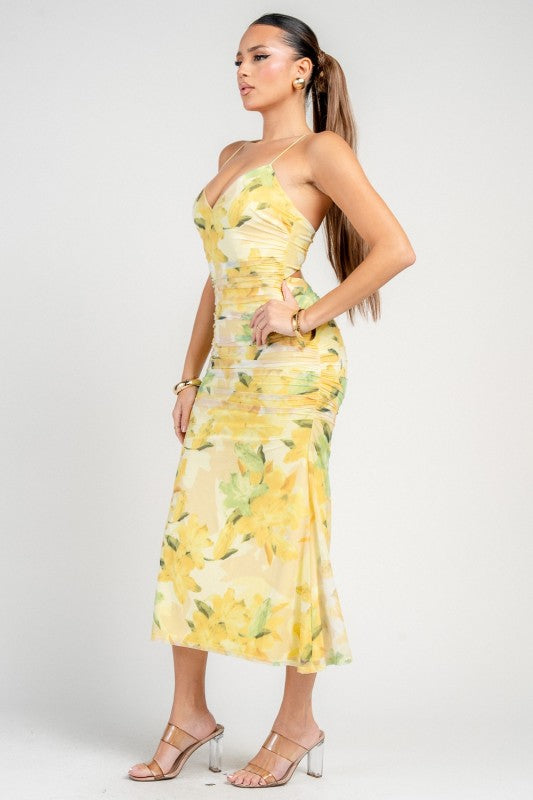 FLORAL MESH PRINT SPAGHETTI STRAP MIDI DRESS