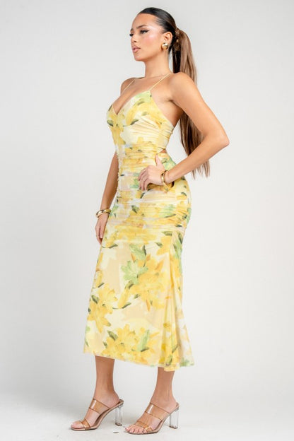 FLORAL MESH PRINT SPAGHETTI STRAP MIDI DRESS