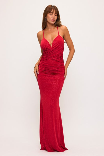 GLITTER CROSSOVER RUCHED MERMAID MAXI COCKTAIL DRESS