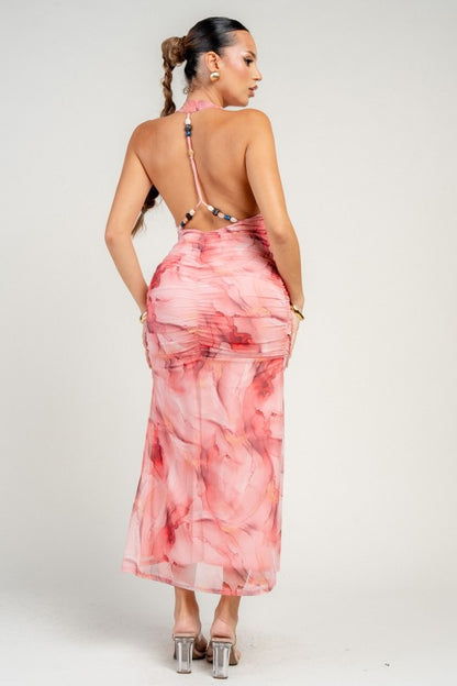 METALLIC MESH PRINT MAXI DRESS W/ A FRONT SASH