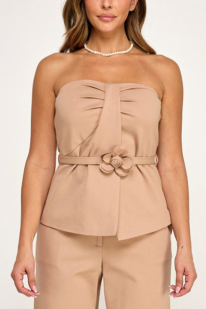 TUBE TOP WITH ROSE BELT AND PANTS SET