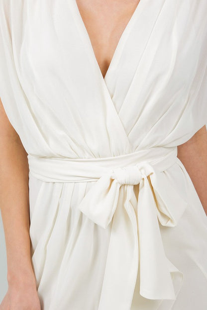 SOLID TIE WAIST RUFFLE MIDI DRESS