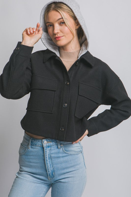 CROPPED FLEECE SHACKET WITH REMOVABLE HOOD