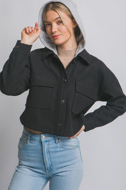 CROPPED FLEECE SHACKET WITH REMOVABLE HOOD