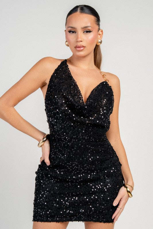 HALTER COWL NECK MINI PARTY DRESS