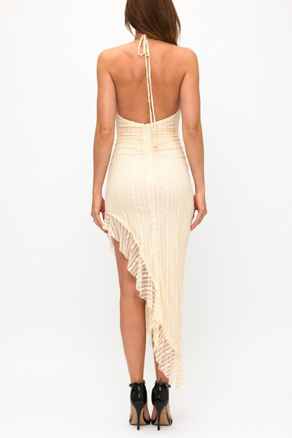 LACE ASYMMETRICAL RUFFLE HALTER MAXI DRESS